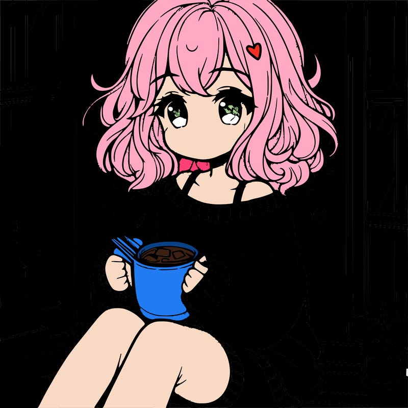 cute anime girl reading book and drinking hot chocolate from mug with loose wavy hair wearing a baggy sweatshirt and shorts sitting by windowsill looking out