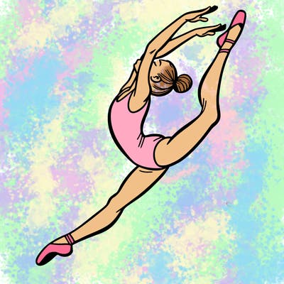 gymnast doing a leap in a leotard with a bent back leg