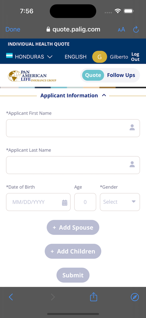 PALIG Cotizador - Formulario de información del solicitante para cotizaciones de seguros de salud en la aplicación PALIG Cotizador