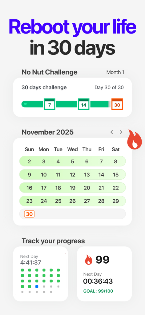 A screenshot of the No Nut app displaying a 30-day challenge completion and streak tracking statistics.