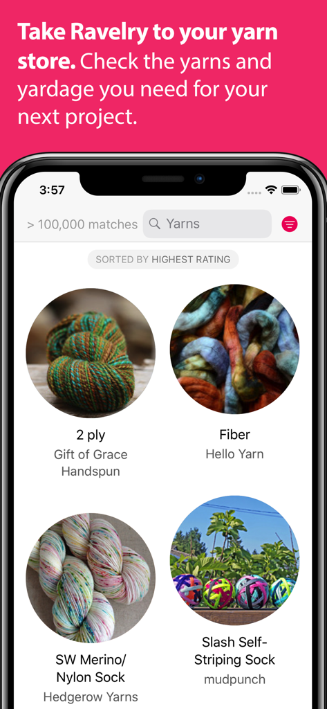 Mobile screen showing yarn search results in the Ravit app with circular photos of colorful handspun and sock yarns