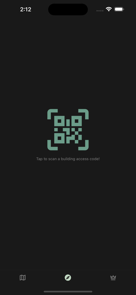 Map-in - Map-in app interface showing a QR code icon and a prompt to tap and scan a building access code for indoor navigation.