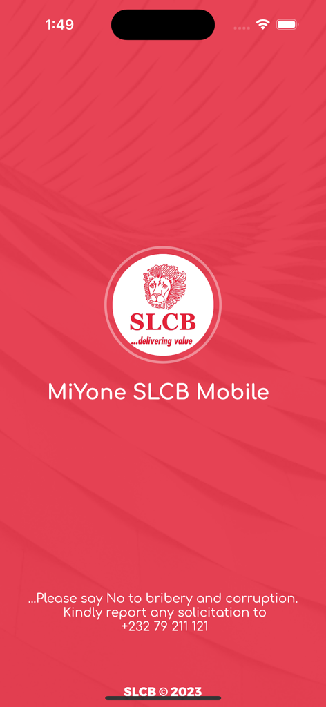 SLCB - MiYone SLCB Mobile app splash screen featuring the bank logo and a message against bribery