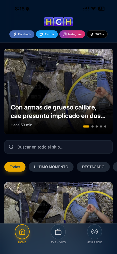 The home screen of the HCH TV app featuring breaking news reports in Spanish and live streaming options