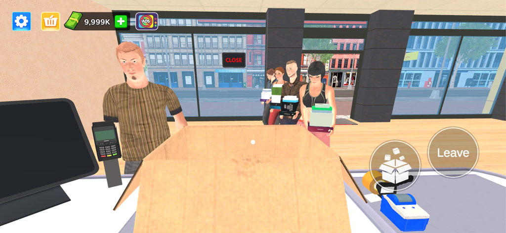 Pack My Orders - A first person view of a store clerk behind a counter with an open box and a line of customers waiting in Pack My Orders simulation game.