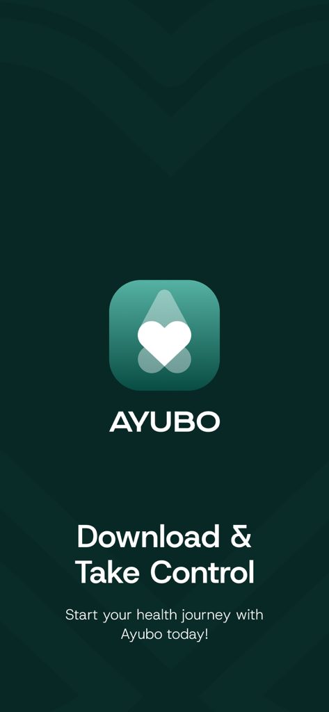 Ayubo - Pantalla de bienvenida de la aplicación Ayubo que presenta el logotipo de la empresa y una llamada a la acción para comenzar un viaje de salud
