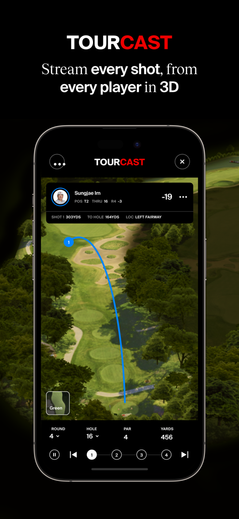 Smartphone screen displaying the PGA TOUR app TOURCAST feature with 3D golf shot tracking