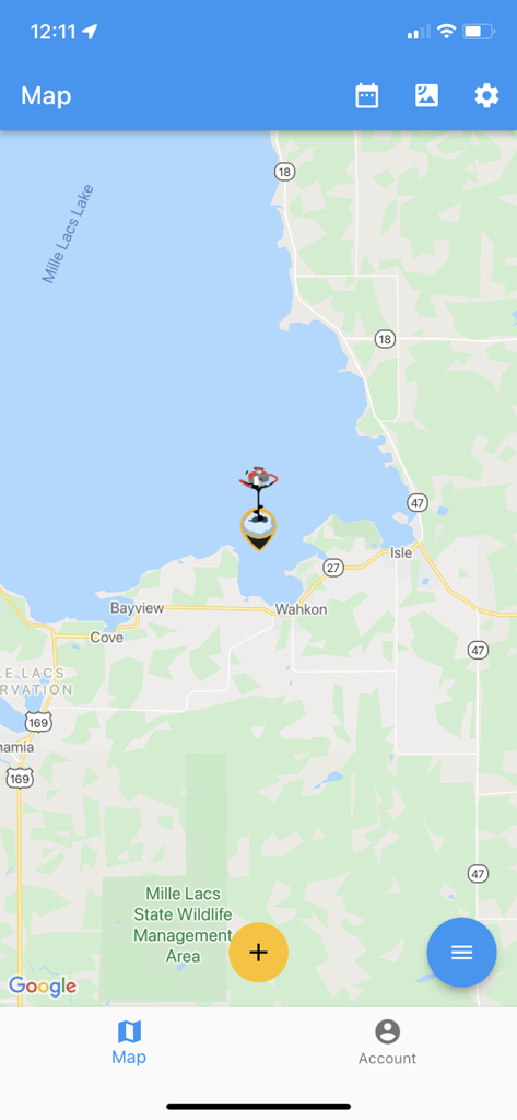 Kartenansicht der Ice Report App mit Eisbedingungen und Angelberichten auf dem Mille Lacs Lake.