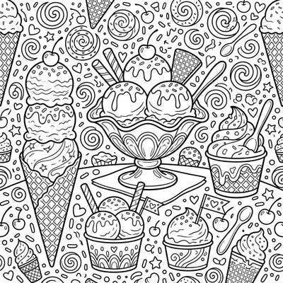 Dive into a world of sweet treats with this vibrant ice cream scoops coloring page, showcasing a delightful array of cones, sundaes, and cups. Perfect for dessert lovers of all ages, it offers endless creative possibilities for a truly yummy coloring experience.