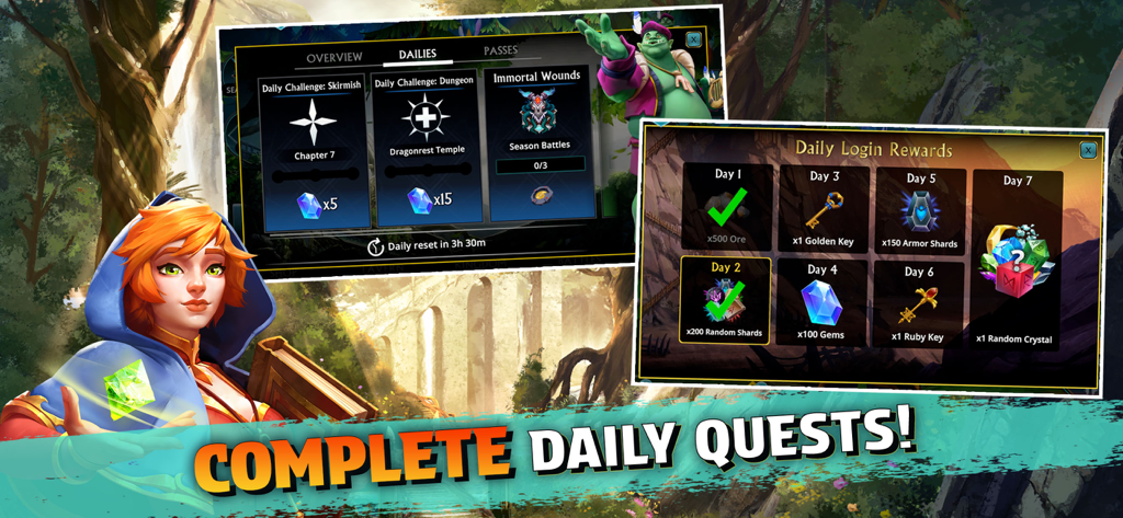 Una captura de pantalla de Puzzle Quest 3 que muestra una heroína y las recompensas diarias y menús de misiones.