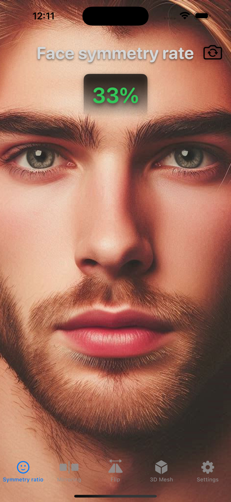 A screenshot of the Facial Symmetry app showing a 33 percent symmetry rate on a man's face
