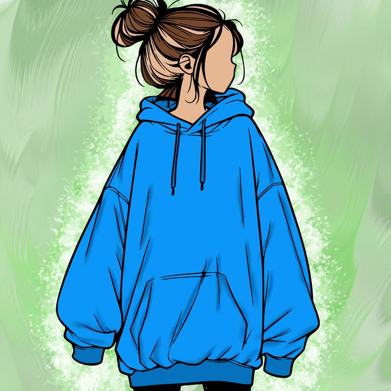 realistic girl with a oversized sweatshirt on and a bun