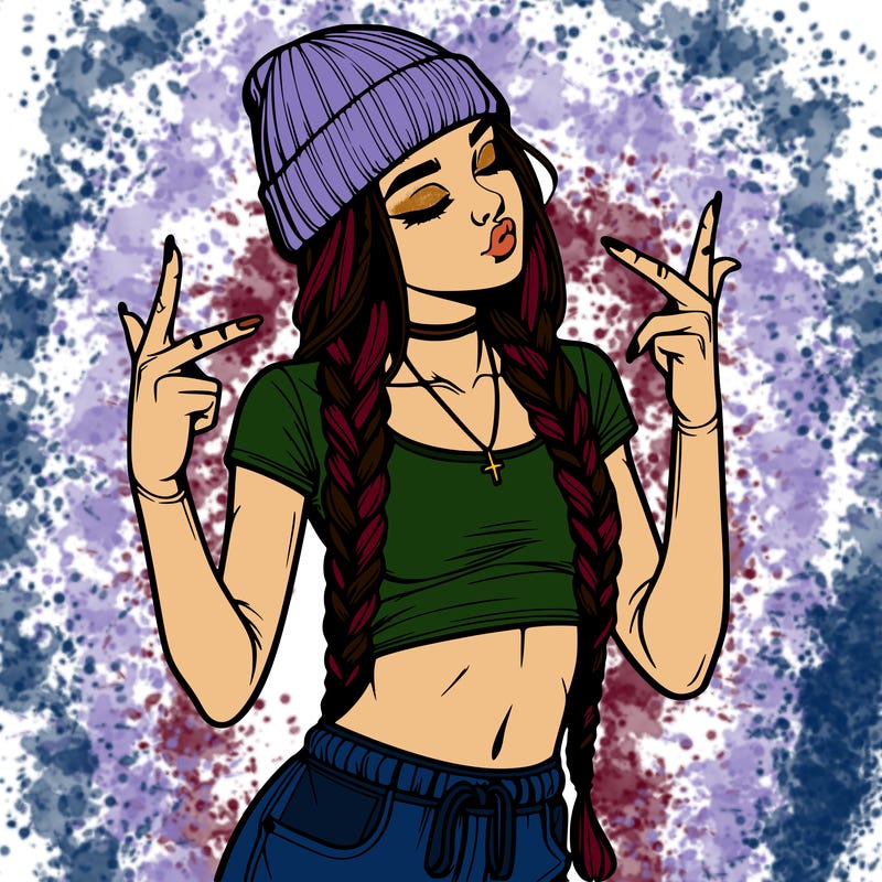 realistic teenage girl with braids and a beanie and crop top doing 🫶🏼