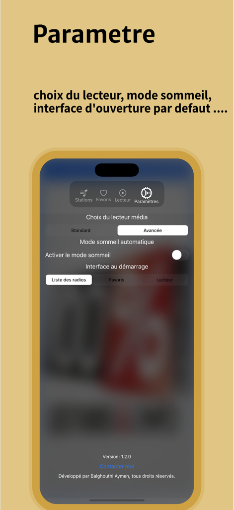Einstellungen-Bildschirm der Radio Fra Mobile App mit Player-Auswahl und Sleep-Mode-Optionen.