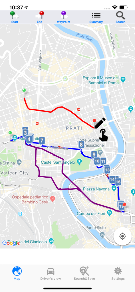 A hand-drawn navigation route on a map of Rome in the Drive around the World app.