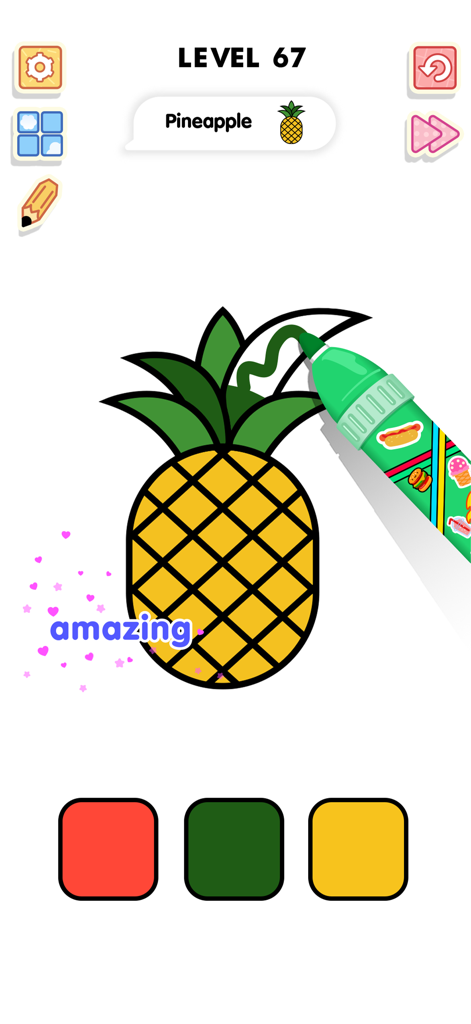 Color and Draw 앱에서 녹색 마커로 파인애플을 채우는 디지털 색칠 페이지