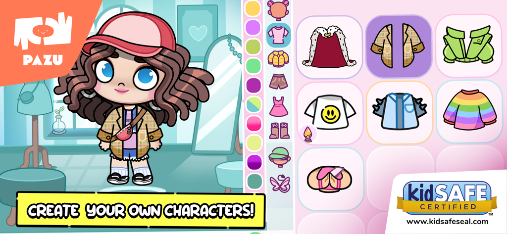 A screenshot of the Characters maker kids games app showing a customized avatar and a grid of outfits
