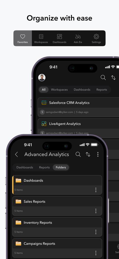 Zoho Analytics - Mobile BI App - Zoho Analytics mobile app showing organized dashboard and report folders in dark mode.