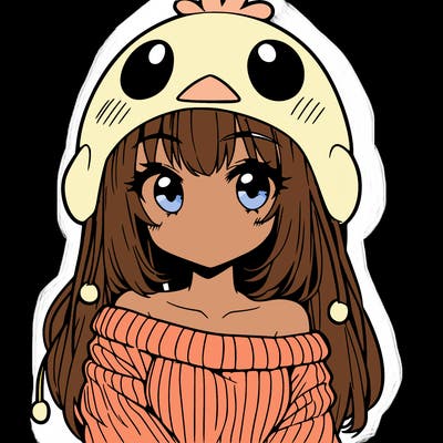 anime girl with chick shaped hat with sweater with bare shoulders with bangs covering them one eye with low tail