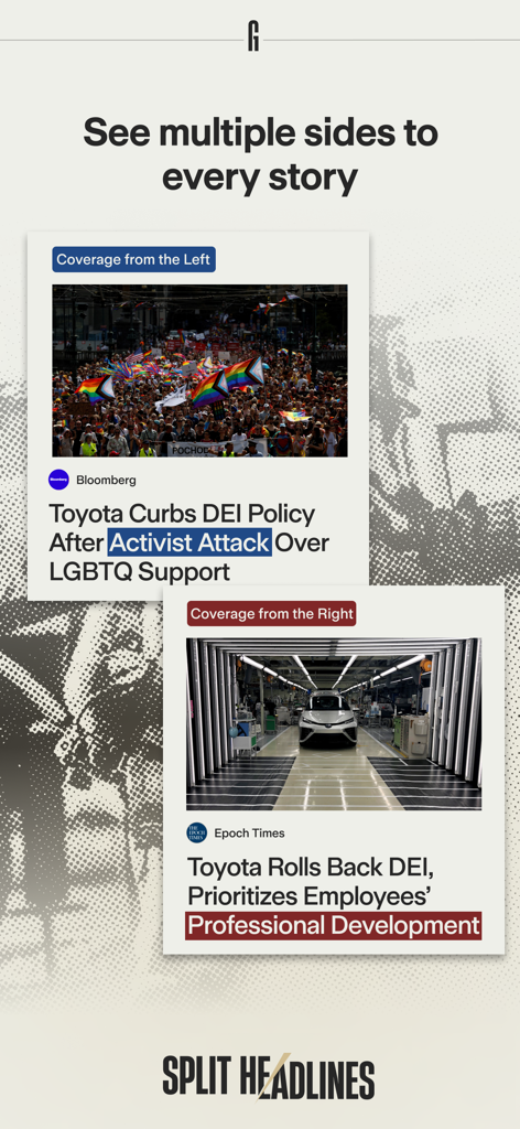 A comparison of news headlines from left and right leaning media sources regarding Toyota DEI policy