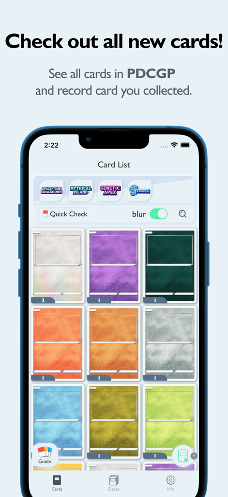 PTCGP Dex Pro: TCG Guide app - PTCGP Dex Pro app interface showing the card list and expansion pack collection filters