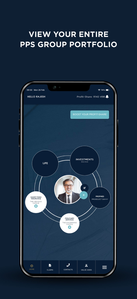 Pantalla de inicio de la App Móvil PPS que muestra un panel centralizado con una vista general circular de soluciones de seguros, inversiones y asistencia médica.