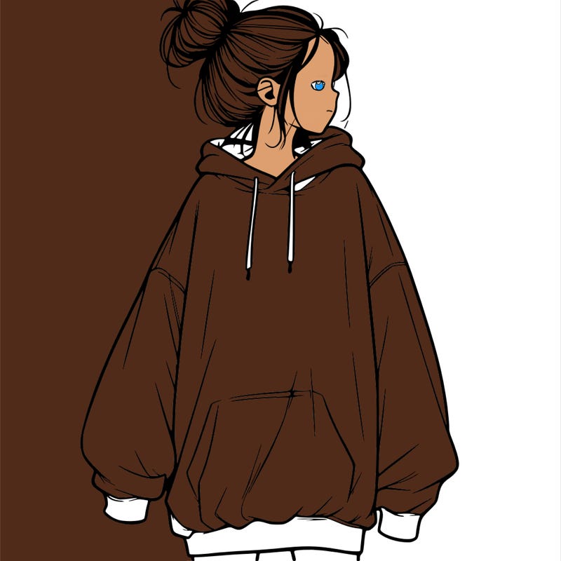 realistic girl with a oversized sweatshirt on and a bun