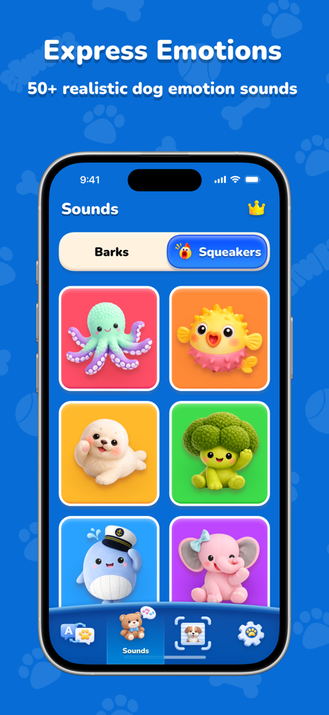 PawTok: AI Dog Translator - PawTok app screen displaying a sound library of squeaky toys with cute colorful animal icons.