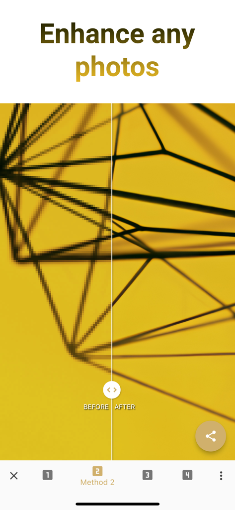 Side by side comparison of a pixelated photo and its sharpened version after using AI enhancement