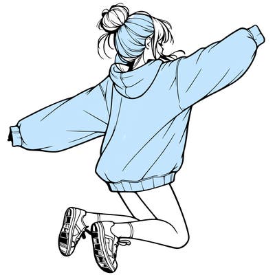realistic girl jumping with a bun and oversized sweatshirt