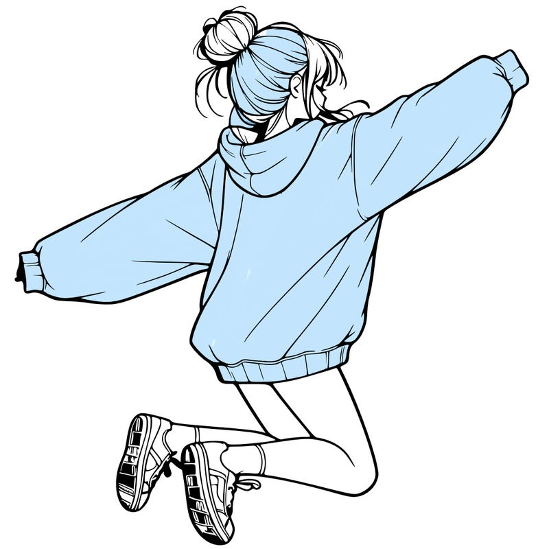 realistic girl jumping with a bun and oversized sweatshirt