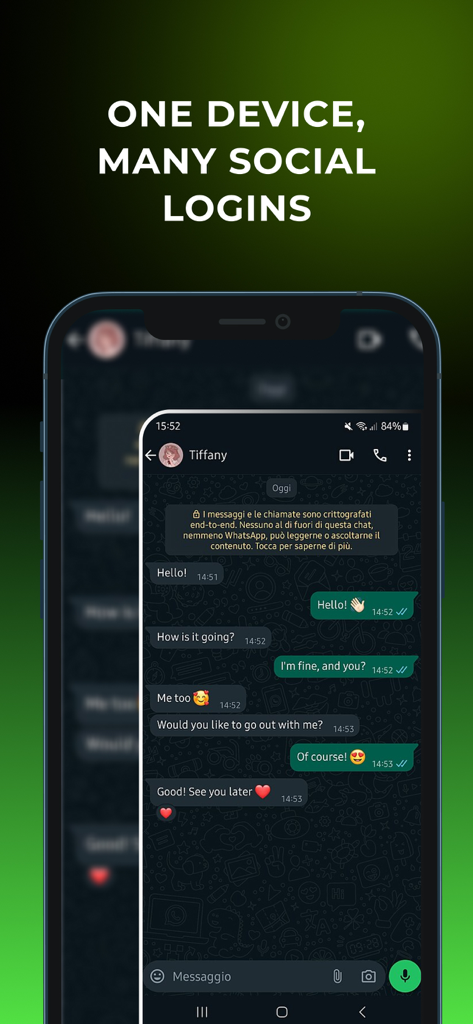 Bitchat PLUS - Smartphone displaying a chat screen with the text One Device Many Social Logins