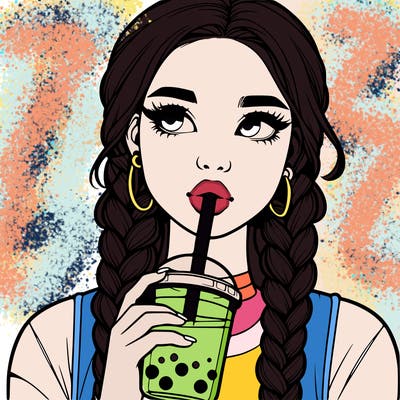 realistic girl with braided hair drinking boba