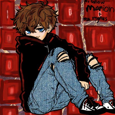 a male hoddie ripped jeans messy hair anime