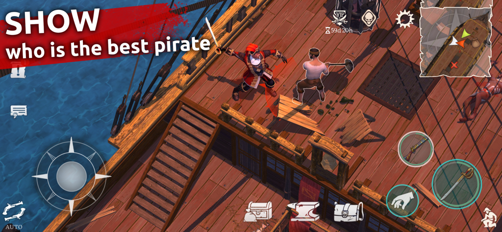 Mutiny: Pirate Survival RPG - Un capitano pirata che combatte un nemico sul ponte di una nave in Mutiny Pirate Survival RPG.