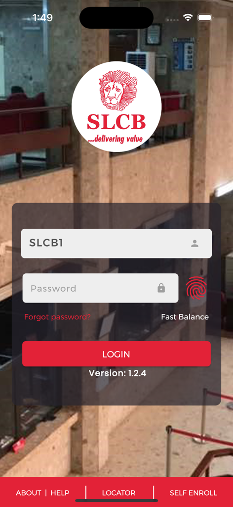 SLCB - The login interface of the Sierra Leone Commercial Bank mobile app
