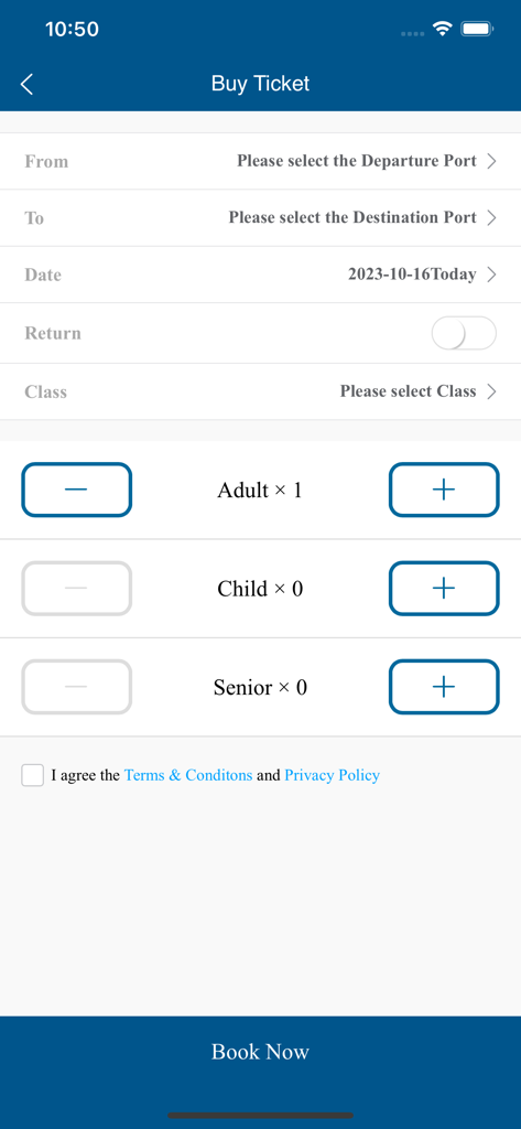 The Buy Ticket interface of the Cotai Water Jet mobile app