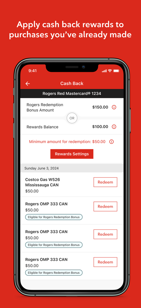 Tela do aplicativo Rogers Bank mostrando o saldo de recompensas de cashback e opções de resgate de transações para uma conta Mastercard.