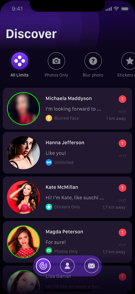 Discover screen of a flirt chat dating app showing a list of user profiles with different communication modes