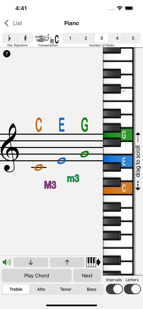 Fingering Woodwinds for iPhone - A screen from the Fingering Woodwinds app showing music notation on a staff matched with keys on a vertical piano keyboard.