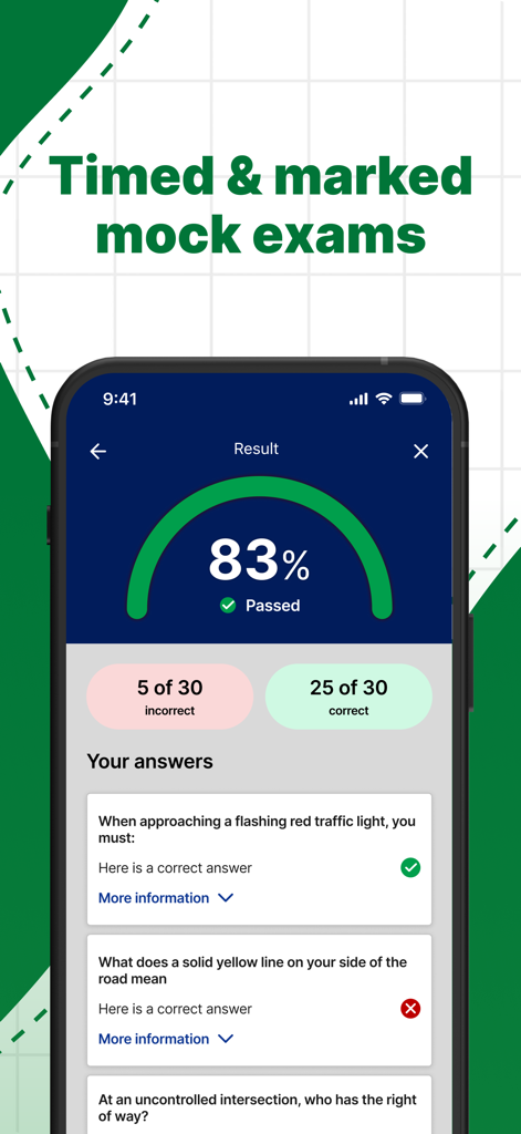 Driving Test Routes Ireland - A smartphone screen displaying mock exam results for the Irish driving theory test with a passing score of 83 percent