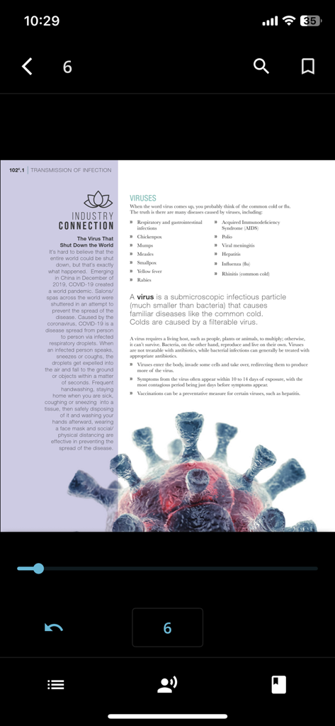 Pivot Point Reader - Página educativa sobre virus y transmisión de infecciones en la aplicación móvil Pivot Point Reader.