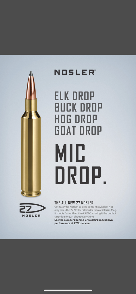 Promotional slide for the 27 Nosler rifle cartridge featuring hunting benefits and ballistics data