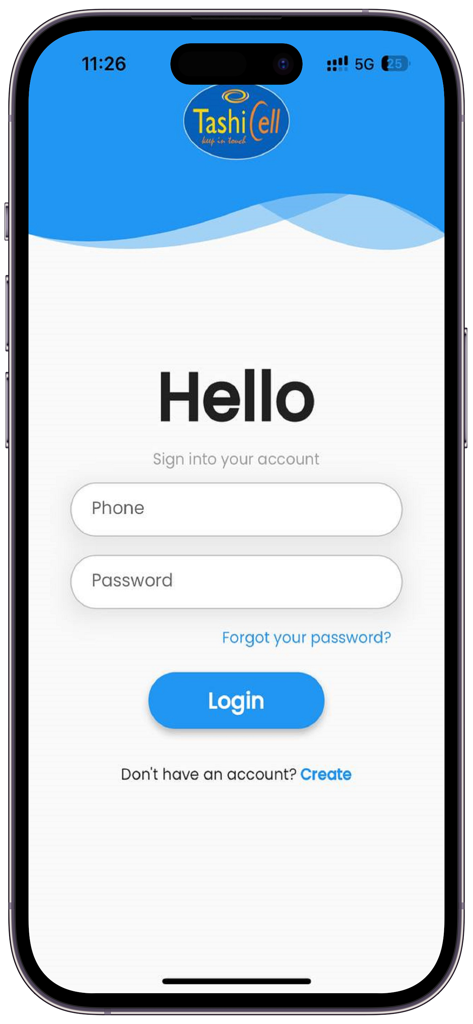 Login screen for the My TashiCell mobile app