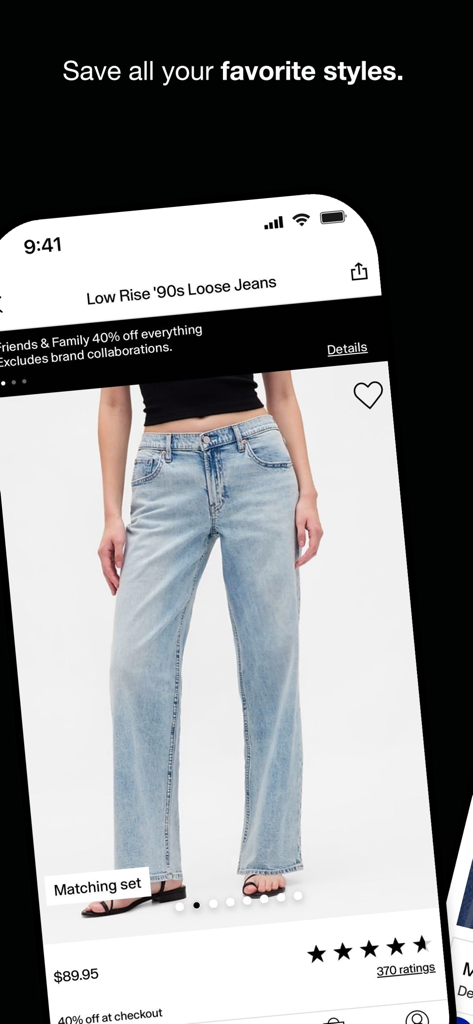 Página de producto de la app de Gap para jeans vaqueros con detalles de precio y calificación