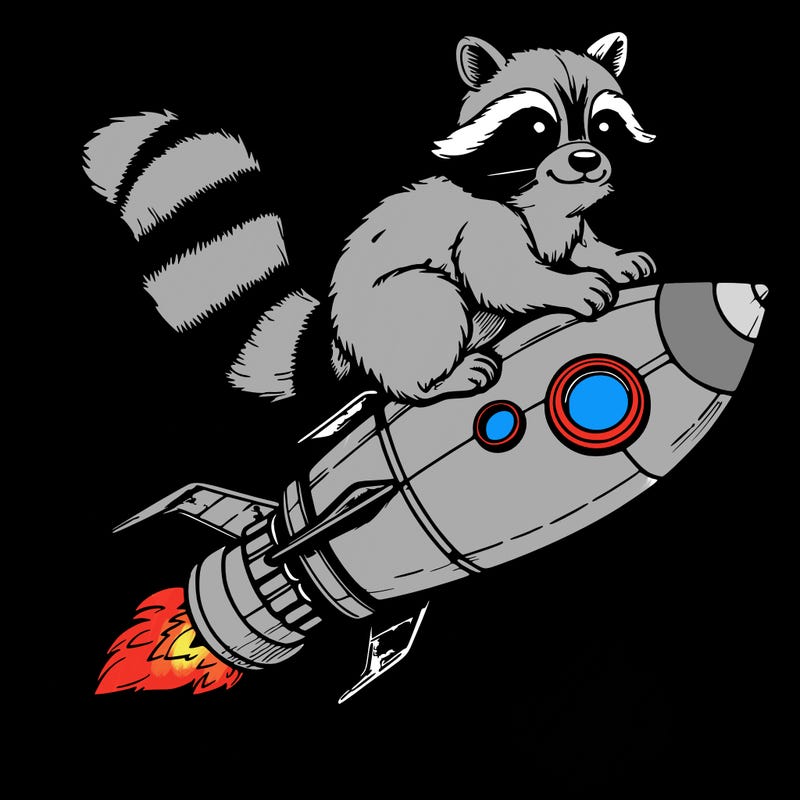 realistic raccoon flying on top rocket ship