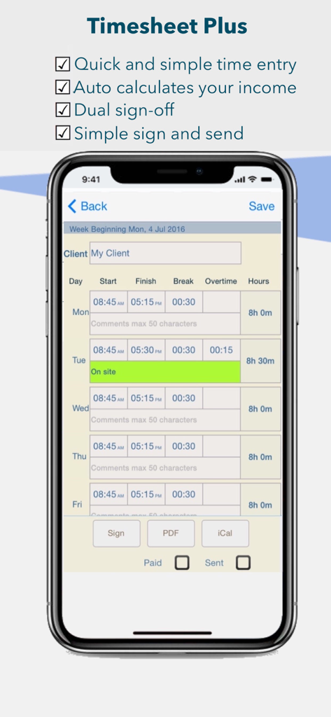 Timesheet Plus - Timesheet Plus app interface for tracking weekly billable hours and dual signatures