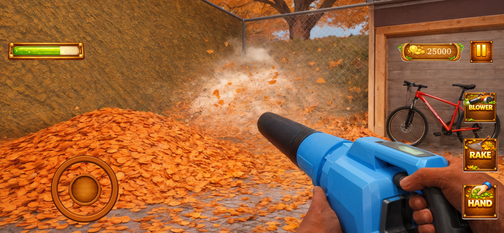 Critters Leaf Clean It Alone - Vista en primera persona de un jugador usando un soplador de hojas azul para limpiar una pila de hojas de otoño naranjas en un juego de simulación de patio.