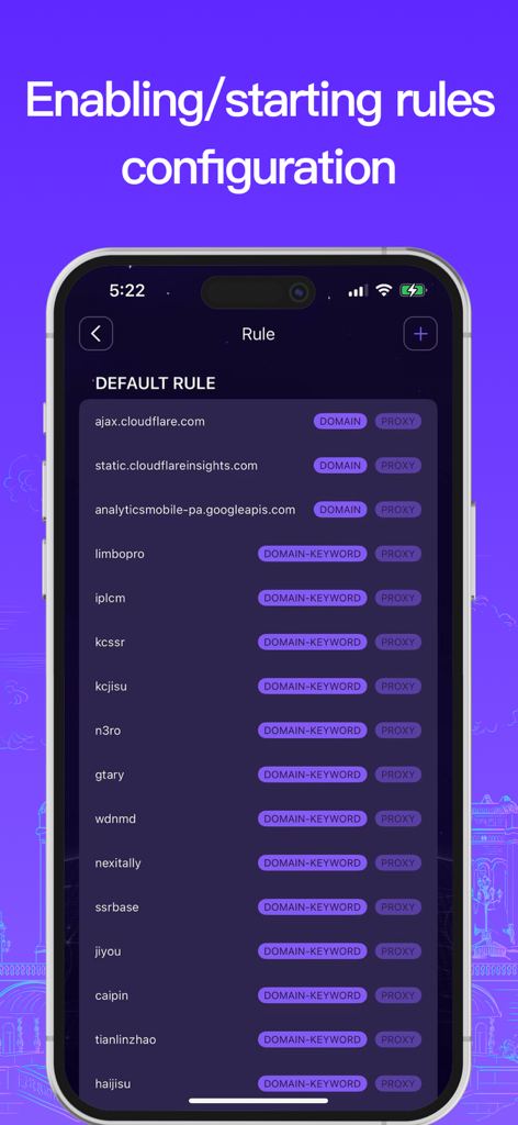 Interfaz para configurar reglas de red personalizadas y configuraciones de proxy en Super VPN Buck.