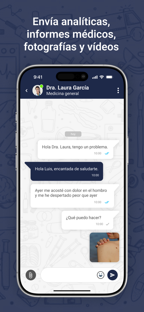 Telemedicina PEP - Interfaz de chat de la aplicación Telemedicina PEP con una doctora de medicina general atendiendo una consulta en español.
